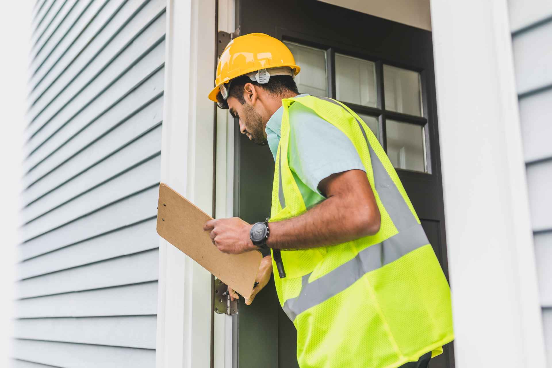A siding inspector wearing protective gear and a hardhat inspecting house siding with a clipboard checklist.