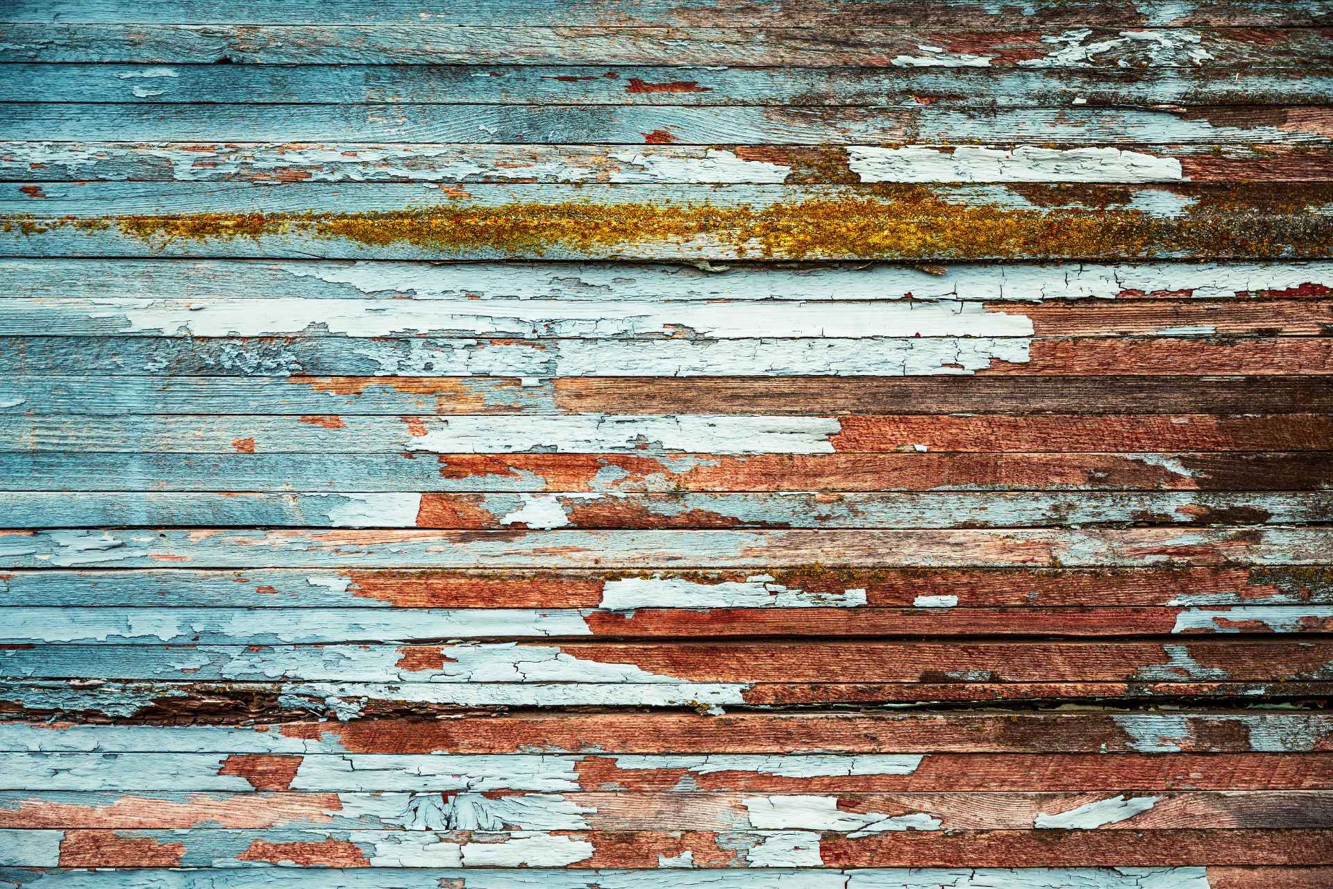 Close-up view of damaged blue siding showing peeling paint, surface chipping, and wood rot.